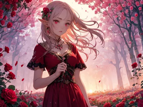 (masterpiece:1.2),(1 girl),elf,red cute dress,beautiful detailed red eyes,In the fantastic beauty of the pink sunset, Countless ...