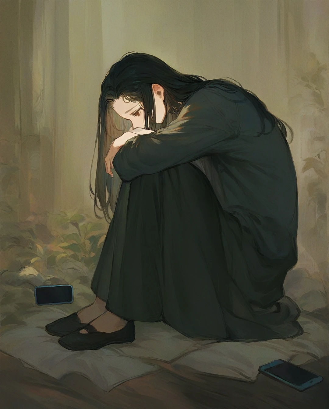 amano yoshitaka, anime sad black-haired girl with long hair, brown eyes, full-length, sitting and looking at a mobile phone, good detailing of objects