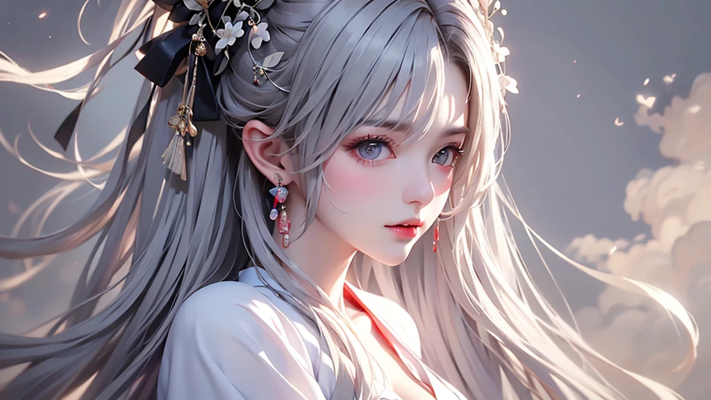 super high quality, masterpiece, Perfect illustration, Very detailed (Exquisite light and shadow, Very dramatic photo,Backlight) , ((Gray Hair:1.5))1 Girl,(( alone:1.6)), (Wearing Han clothes, Black and white Hanfu,Monotony,Long sleeve)  (White smoke:1.3) (Realistic:1.4), Official Art, unity 8k wallpaper, Very detailed, Beautiful and beautiful, masterpiece, Highest quality, (Dynamic Angle: 1.4), Glowing Skin, (Floating colorful flashes: 1) The most beautiful chaotic shapes, elegant, Brutalist Design, Bright colors, Romantic Depth of Field Exotic_dance, half_naked、Expose your shoulders、Ample breasts、Great cleavage、
