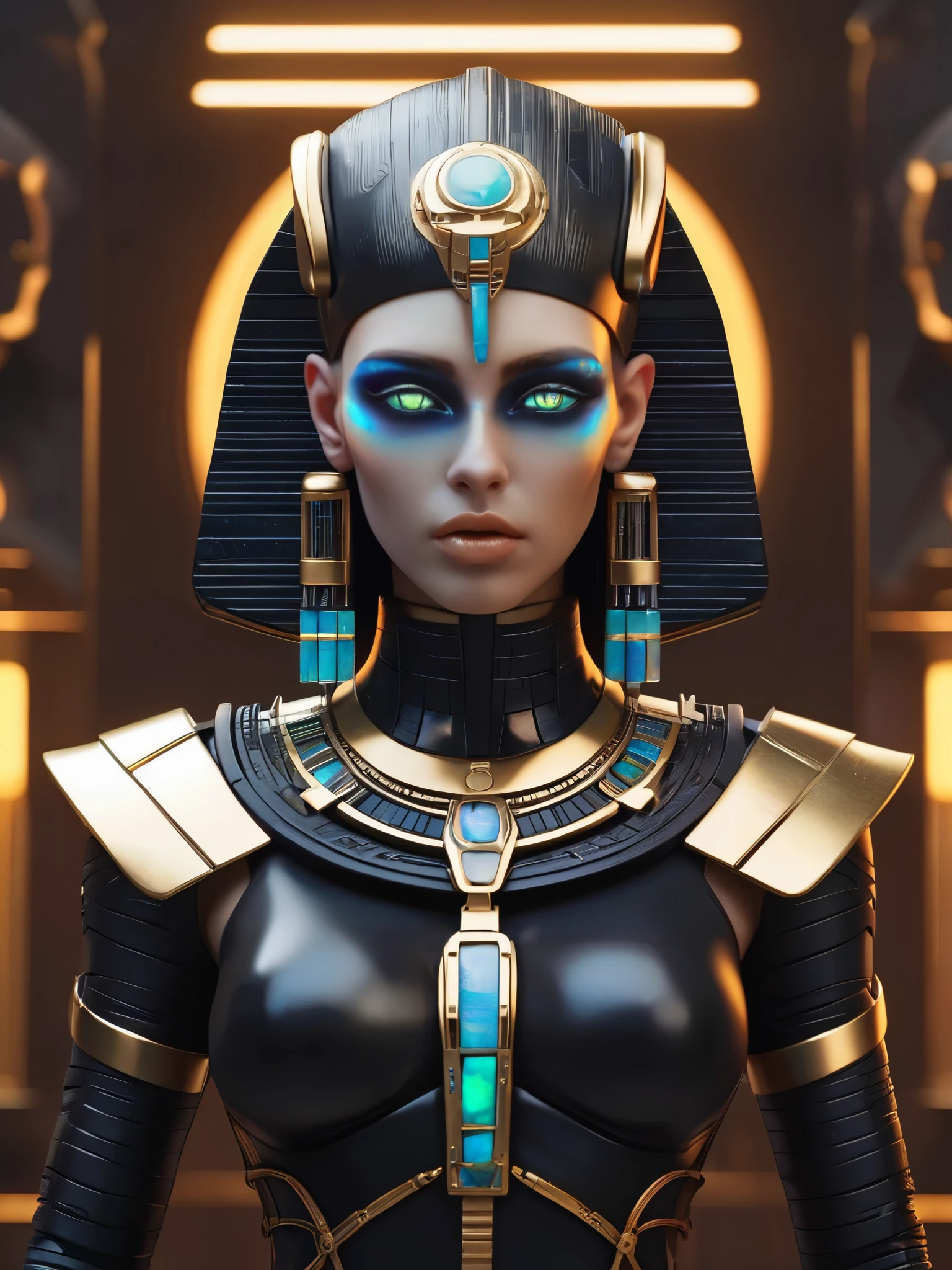 ral-opal, meahophontron, whole body, Woman robot face, futuristic cyberpunk, bust, cleopatra of egypt theme, Egypt background, demonic environment, black clothes, pose frontal