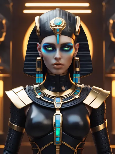 ral-opal, meahophontron, whole body, Woman robot face, futuristic cyberpunk, bust, cleopatra of egypt theme, Egypt background, d...