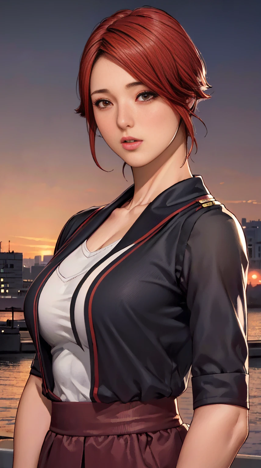 high quality, High resolution, (full shot:1.8), 4K quality, The best high quality masterpiece, karate uniform, (heavy makeup), Blurred city background at sunrise, short hair, red hair, detailed face, big breast, sleeveless