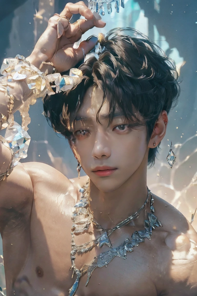 (photorealistic, masterpiece, best quality, highres, highly detailed), a young and handsome man posing nude surrounded by crystal, personification of crystal as a man, 18-year-old man, nude, penis, vibrant colors, realistic lighting, sparkling reflections, radiant and transparent skin, slim athletic physique, intense gaze, striking features, well-defined jawline, tousled hair, confident and relaxed posture, artistic composition, elegant and graceful pose, captivating and alluring expression, the man's body covered with delicate and intricate crystals, creating a mesmerizing and ethereal effect, immaculate attention to detail, flawless rendering of textures, harmonious blend of realism and fantasy, incredible depth and dimension, attention-grabbing contrast between the smoothness of the man's skin and the texture of the crystals, seamless integration of the human form with the crystal surroundings, evoking a sense of grace, beauty, and mystery, powerful symbolism of purity and strength embodied by the crystal elements, expert use of shadows and highlights to enhance the three-dimensional quality of the image, masterful use of color to create a dreamlike atmosphere, refined and subtle nuances of light and shade, creating a visually stunning and emotionally impactful scene, exquisite craftsmanship and skillful execution, capturing the essence of both the human form and the ethereal beauty of crystals, creating an unforgettable and awe-inspiring visual experience.