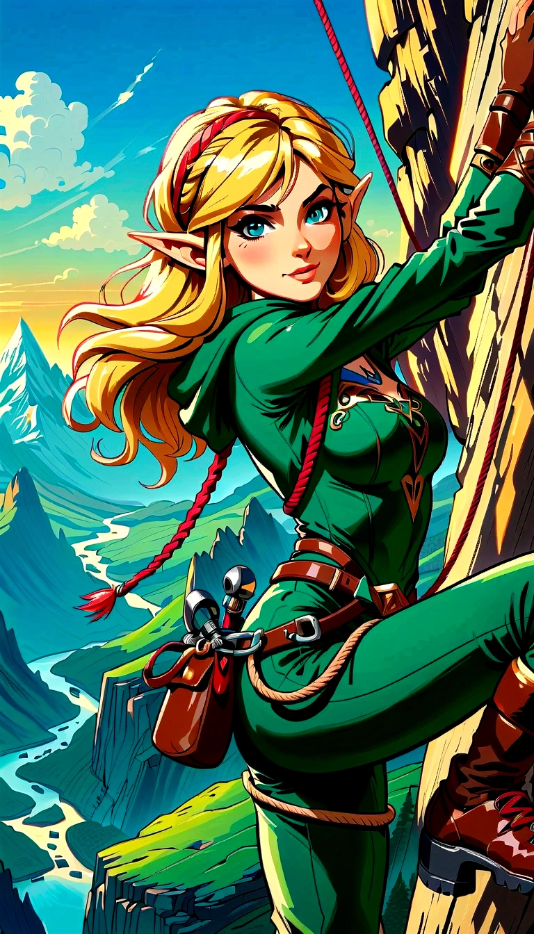 (best quality，8K，Ultra-high resolution，masterpiece)，very good，illustration，Princess Zelda，blonde，Blue Eyes，Green clothes，Rock climbing action，Steep，rope，Mountaineering，rock，Professional display