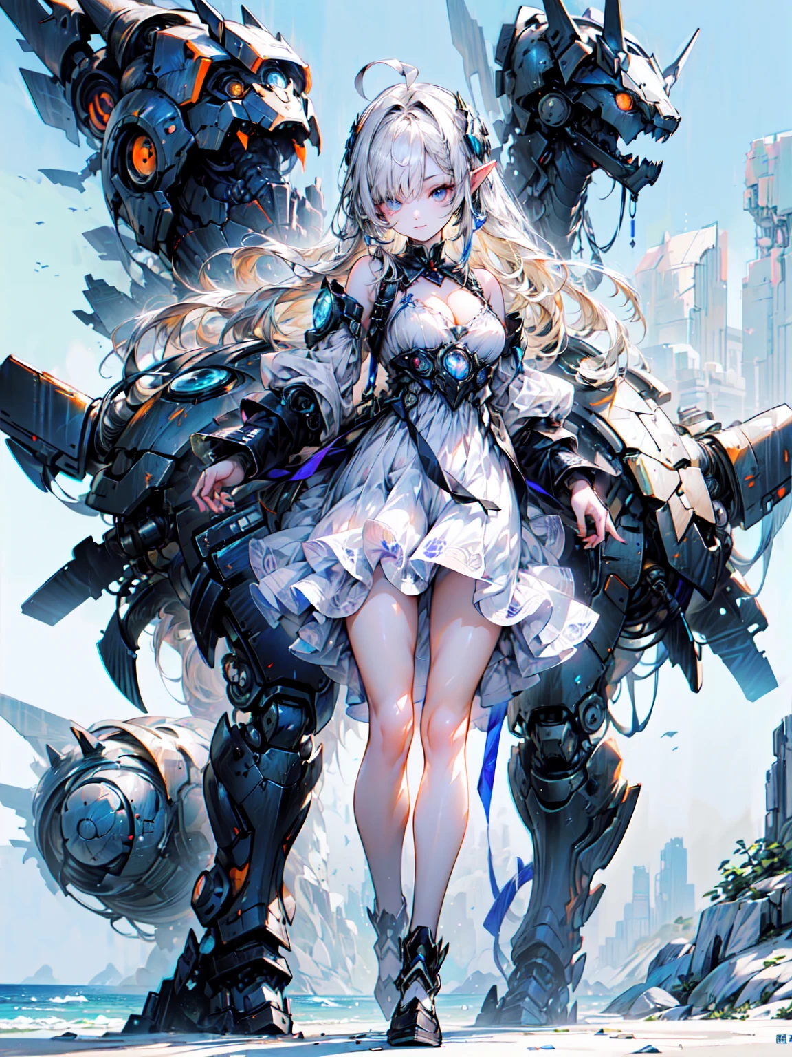 super high quality、8K quality、High resolution、Image quality captured with a single-lens reflex camera、(SFW)、Perfect Anatomy、(White dress theme）Beautiful Mecha Girl、Beautiful blonde 20 year old girl.orange eyes、(Good shape、Normal chest、Cleavage)、3d, Realistic black machine parts、（Shoulders and legs are exposed:1.2）(Rear mechanical unit)、BREAK、(Wear a simple white dress:1.4)(Mechanical parts below the elbows and knees:1.3)、Blake、（Perfect Anatomy:1.4）、Blake、(Remember、avert your eyes:1.3)崩BREAKる世界(Between the cliff and the sea:1.3)、Blake、Machinery Armor、Very detailed (Dark Elf), (1 Girl), alone, Perfect Face, detailed, Ahoge, ((Long Hair:1.2)), (Hair above one eye:1.3), [[Messy Hair]], Shiny blonde white hair, Purple eyes, Variegated eyes, Colorful Hair, Shining Eyes, Bright Eyes, Face imprint, (eyelash, eye shadow, pink eye shadow), smile, Design Art：haruhiko mikimoto, by Kawashi, By Yoshitaka Amano,BREAK、 ((Perfect Anatomy)), Nice body, Big Breasts、(Very detailed指), Best Hand, Perfect Face,(Perfect Fingers), Correct Anatomy,
