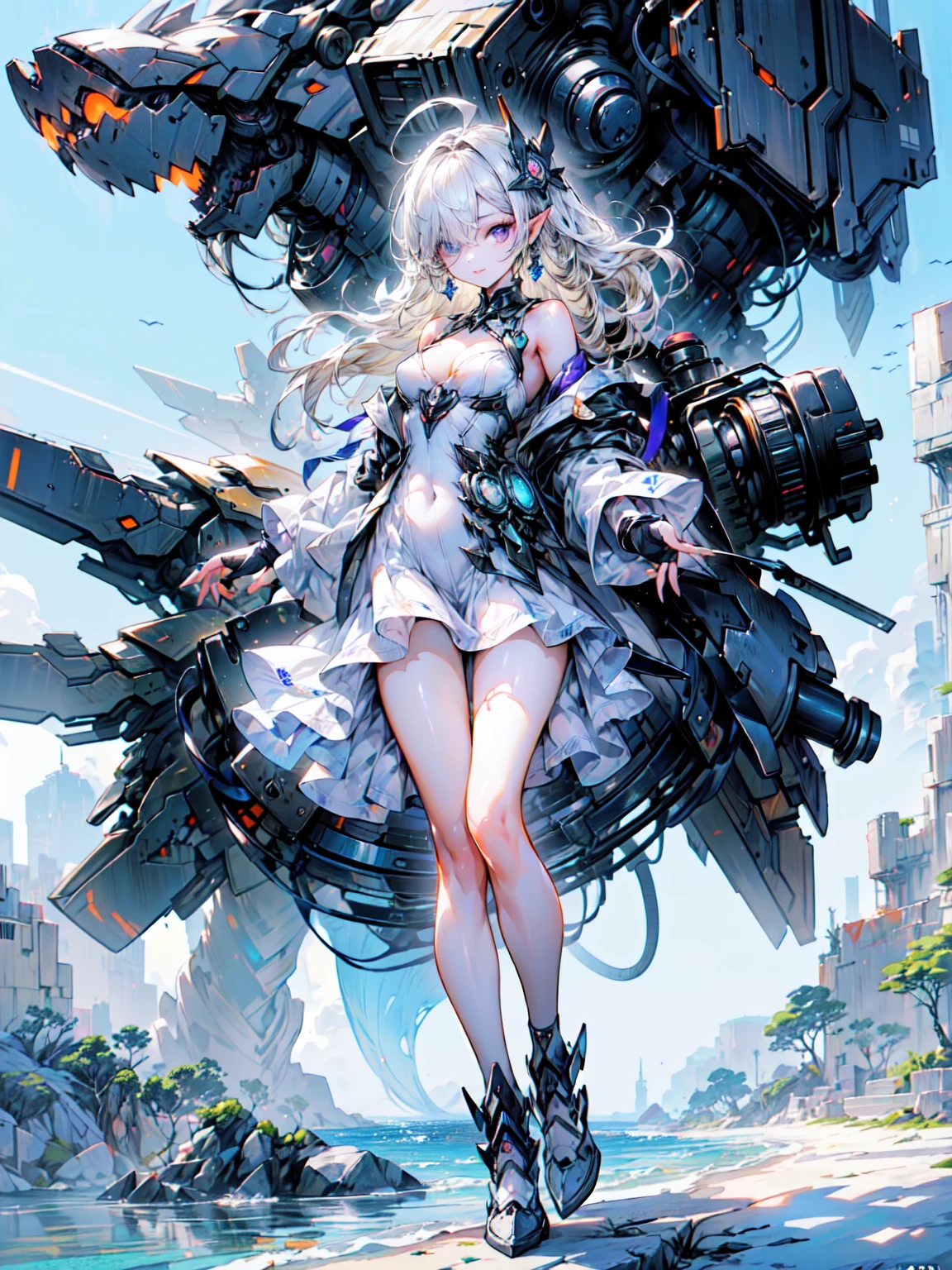 super high quality、8K quality、High resolution、Image quality captured with a single-lens reflex camera、(SFW)、Perfect Anatomy、(White dress theme）Beautiful Mecha Girl、Beautiful blonde 20 year old girl.orange eyes、(Good shape、Normal chest、Cleavage)、3d, Realistic black machine parts、（Shoulders and legs are exposed:1.2）(Rear mechanical unit)、BREAK、(Wear a simple white dress:1.4)(Mechanical parts below the elbows and knees:1.3)、Blake、（Perfect Anatomy:1.4）、Blake、(Remember、avert your eyes:1.3)崩BREAKる世界(Between the cliff and the sea:1.3)、Blake、Machinery Armor、Very detailed (Dark Elf), (1 Girl), alone, Perfect Face, detailed, Ahoge, ((Long Hair:1.2)), (Hair above one eye:1.3), [[Messy Hair]], Shiny blonde white hair, Purple eyes, Variegated eyes, Colorful Hair, Shining Eyes, Bright Eyes, Face imprint, (eyelash, eye shadow, pink eye shadow), smile, Design Art：haruhiko mikimoto, by Kawashi, By Yoshitaka Amano,BREAK、 ((Perfect Anatomy)), Nice body, Big Breasts、(Very detailed指), Best Hand, Perfect Face,(Perfect Fingers), Correct Anatomy,
