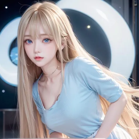 Golden shiny hair、Super long straight silky hair、Dazzling blonde super long silky hair、20 years old cute little beautiful face、A...