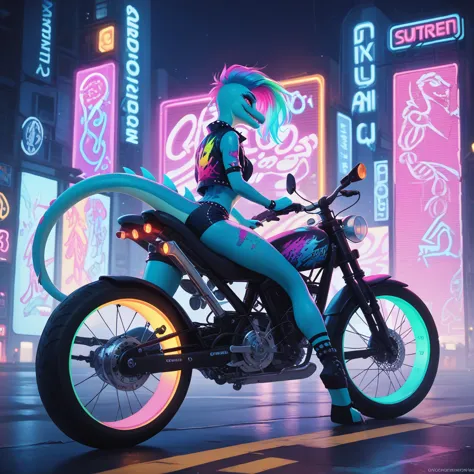 （furry、lizard girl riding a bike）fluorescent body、colorful neon、cyber punk、lane