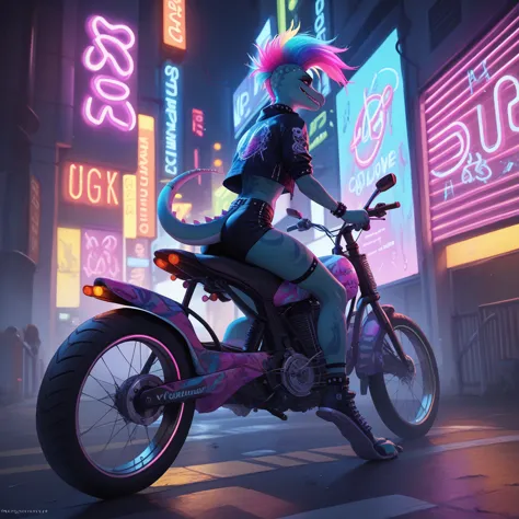 （furry、lizard girl riding a bike）fluorescent body、colorful neon、cyber punk、lane