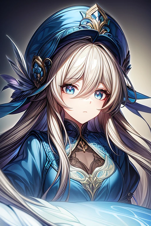 (Meisterwerk, beste Qualität, perfektes Gesicht, ausdrucksstarke Augen), 1 Mädchen, (Anime-Serie), (Erwachsene), langes blondes Haar, blaue Augen, blauer Federhut, blaues Kleid, komplizierte Details, 