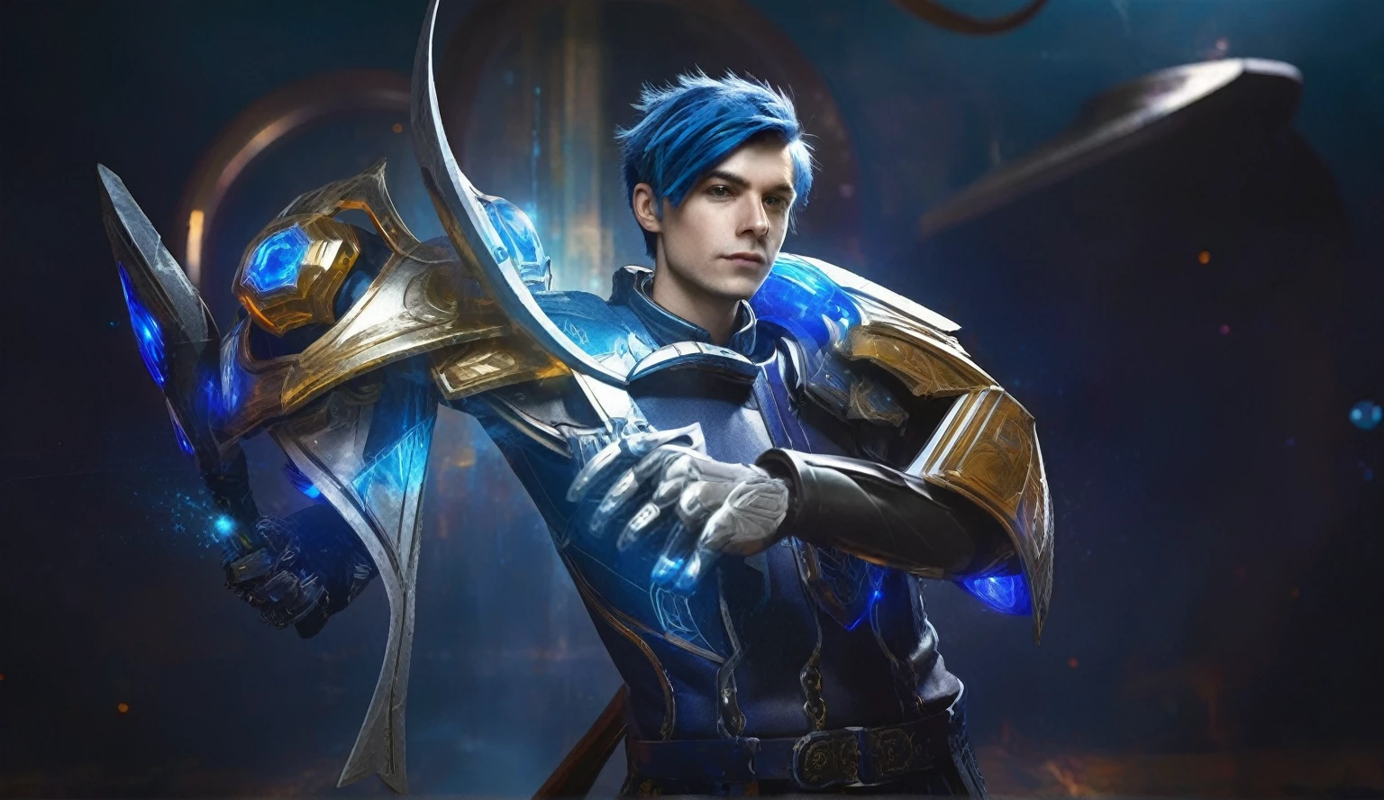 young white man with blue cool hair, stare at viewer with cool vision, user armor clothes for mage, 