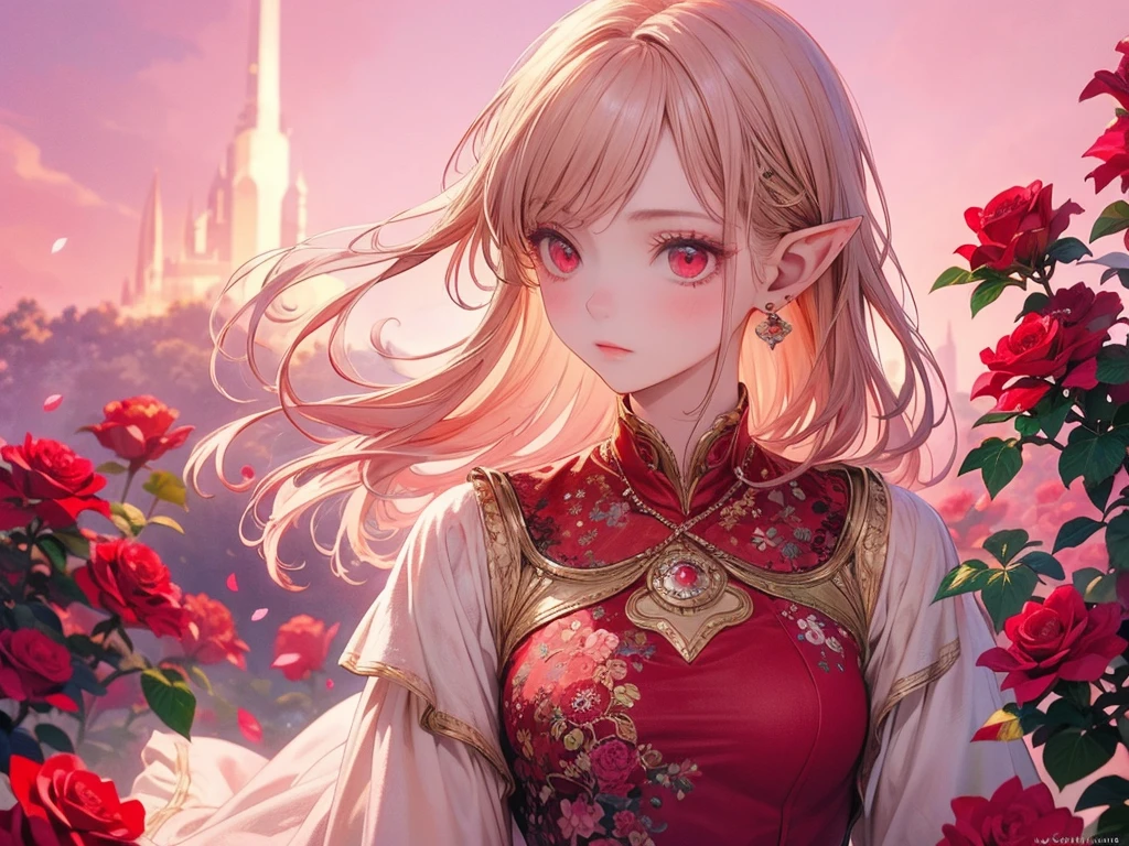 (chef-d&#39;œuvre:1.2),(1 fille),elfe,jolie robe rouge,Beaux yeux rouges détaillés,Dans la beauté fantastique du coucher de soleil rose, D&#39;innombrables roses rouges éclatantes fleurissent, cheveux blonds roses, Une douce lumière se répand sur les environs tranquilles, Les pétales délicats se fondent dans des motifs complexes,L&#39;arrière-plan est doux et flou,Ajoutez un élément dramatique et symbolique à votre scène, Les pétales sont doux, couleurs et ambiance magiques,Regard oblique