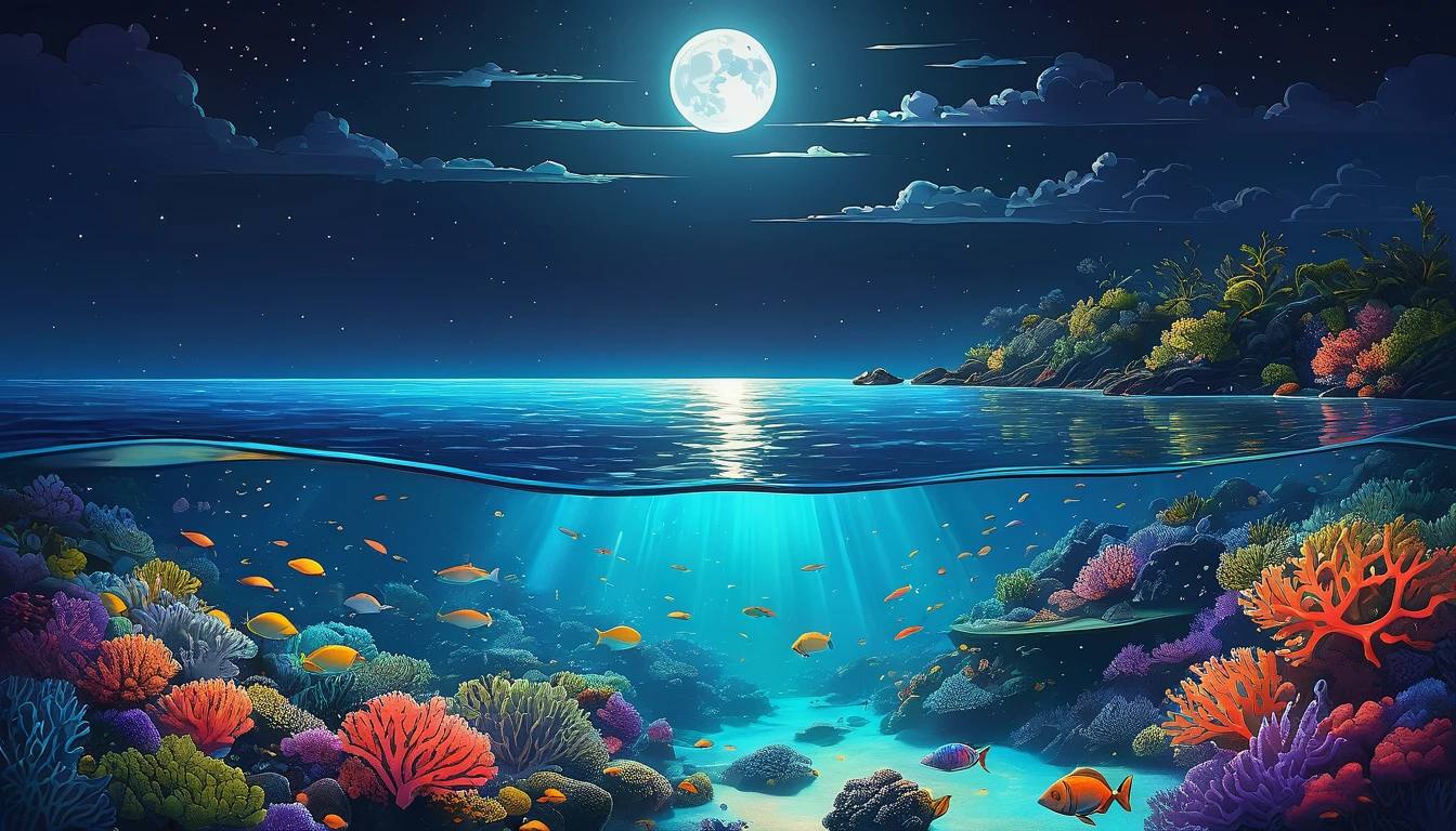 Une illustration d’une scène océanique nocturne, aux eaux transparentes qui révèlent les fonds marins. Des coraux dans un spectre de couleurs et des petits poissons nageant sont clairement visibles. Le clair de lune illumine l&#39;eau, mettant en valeur le corail et créant une ambiance sereine, ambiance magique. Créé en utilisant: est tombé, art numérique, éclairage doux, qualité haute définition, coups de pinceau fluides, Humeur paisible, détails de corail complexes, reflets lumineux
