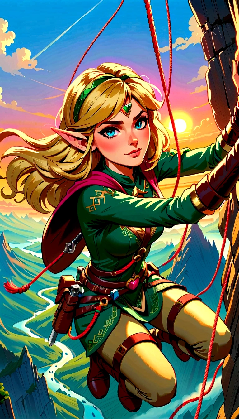 (best quality，8K，Ultra-high resolution，masterpiece)，very good，illustration，Shooting angle from top to bottom，Princess Zelda looking up，blonde，Blue Eyes，Green clothes，Rock climbing action，Steep，rope，Mountaineering，rock，Professional display，sunrise，Beautiful scenery