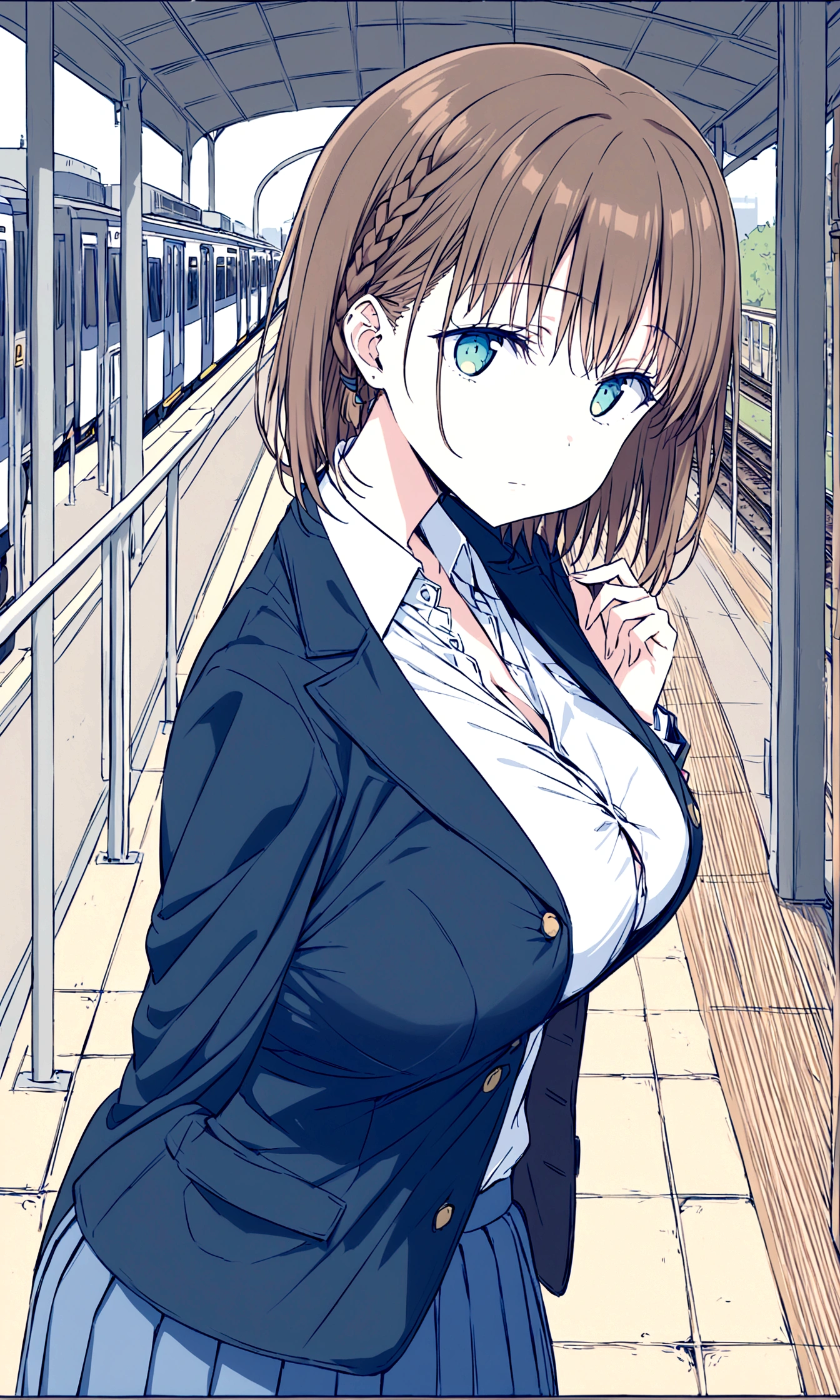 Tawawa on Monday,Ai-chan,Big Breasts,shoot from side,cleavage cutout,high school girl,source_アニメ, 1girl, solo,whole body,brown hair, cyan eyes, braid,blue blazer,white shirt, collared shirt, pleated skirt, blue skirt, large breasts, looking at you,expressionless,station,hentai,finely detailed beautiful face,high quality,アニメ,beautiful,High resolution,アニメ color,{{{{8K_wallpaper}}}},{{{masterpiece}}},{{{{extremely detailed eyes}}}},{{{{extremely detailed body}}}},{{{{extremely detailed finger}}}}