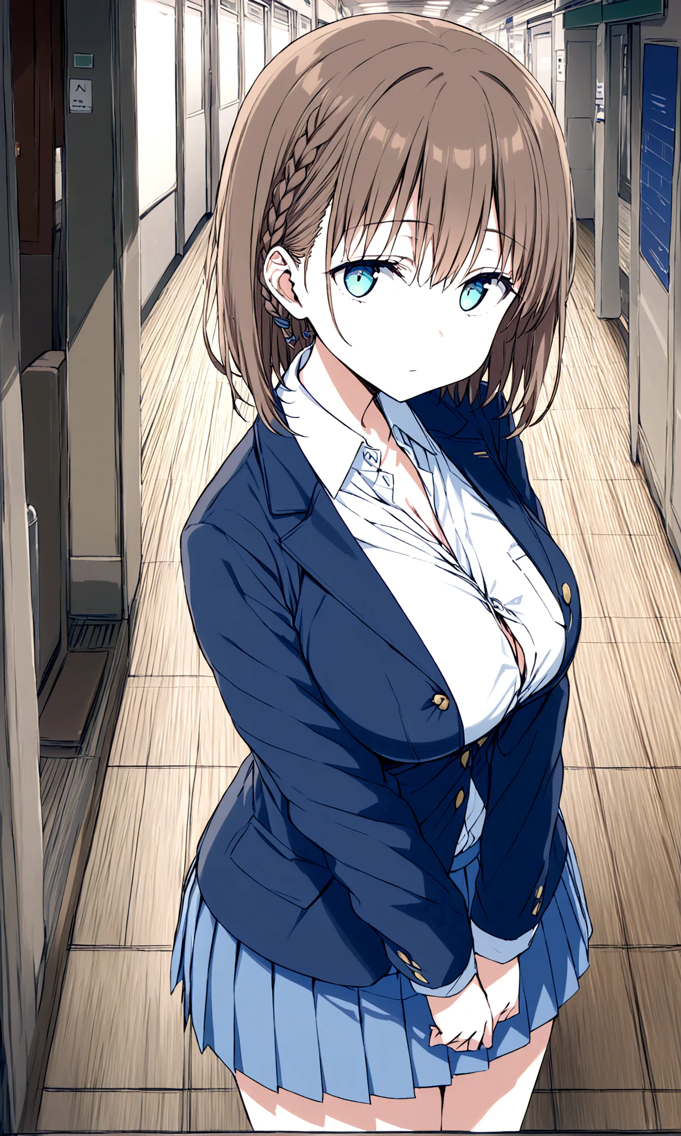 tawawa on monday,ai-chan,big breasts,shoot from side,cleavage cutout,high school girl,source_アニメ, 1girl, solo,whole body,brown h...