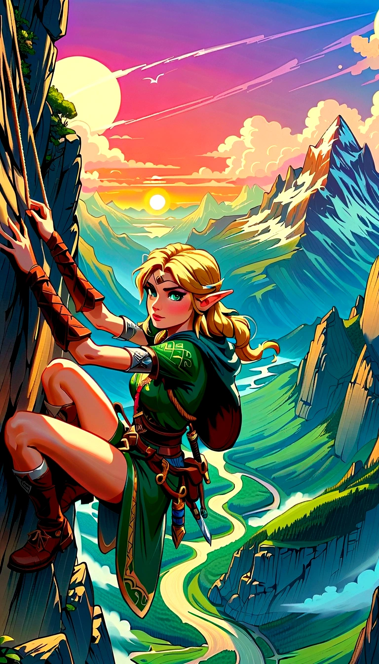 (best quality，8K，Ultra-high resolution，masterpiece)，very good，illustration，Shooting angle from top to bottom，Princess Zelda looking up，blonde，Blue Eyes，Green clothes，Rock climbing action，Steep，rope，Mountaineering，rock，Professional display，sunrise，Beautiful scenery