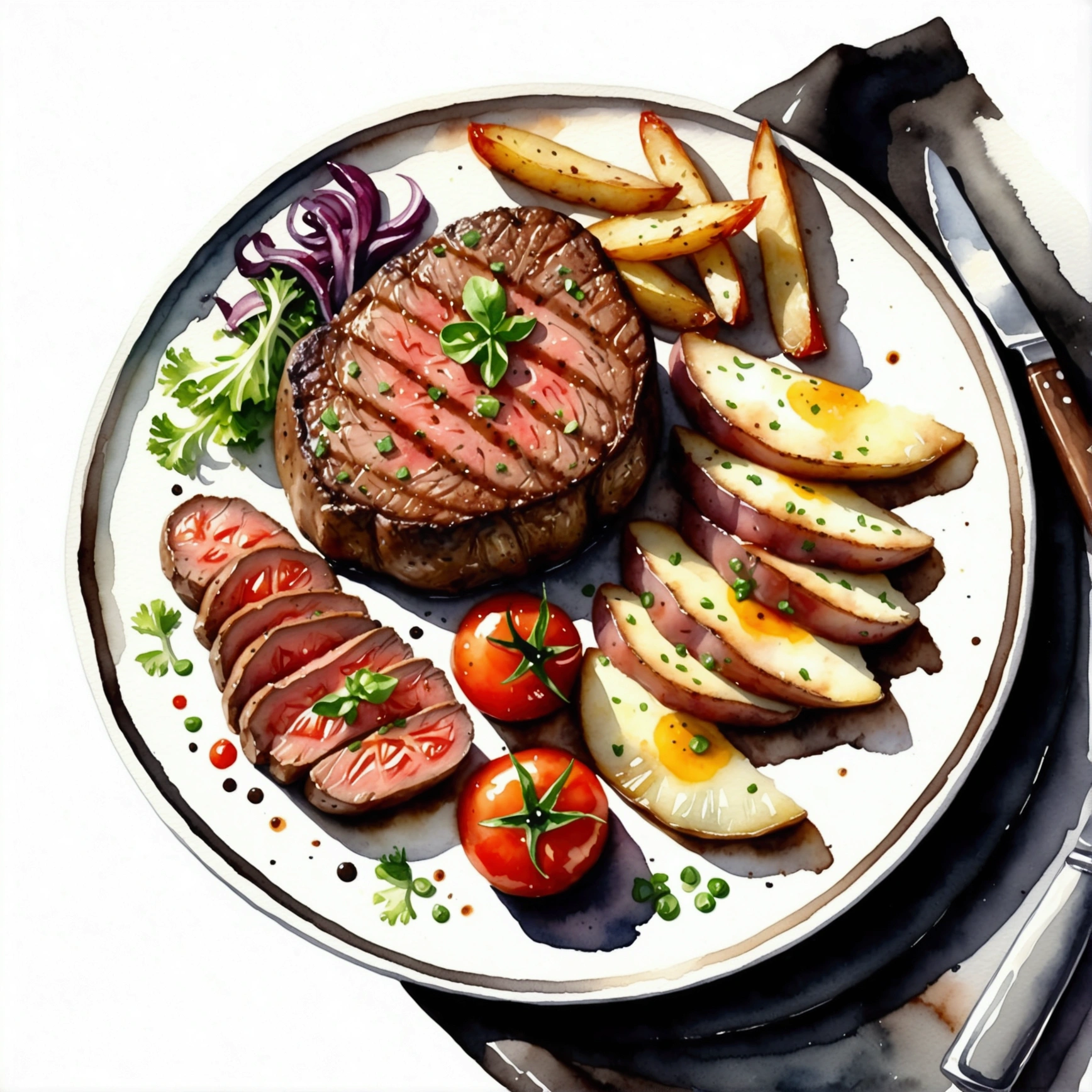 there is a delicious tenderloin steak and baked potatoes served on a hot black plate with slices of baked tomatoes and some green lettuce vegetables, illustration, isolated with solid white background, surrounded with negative space, centered compositon, 8k, highest detailed painting, very precise painting, Isolated, clear brilliant white background, perspective angle of view, cartoon style, ((watercolor)),