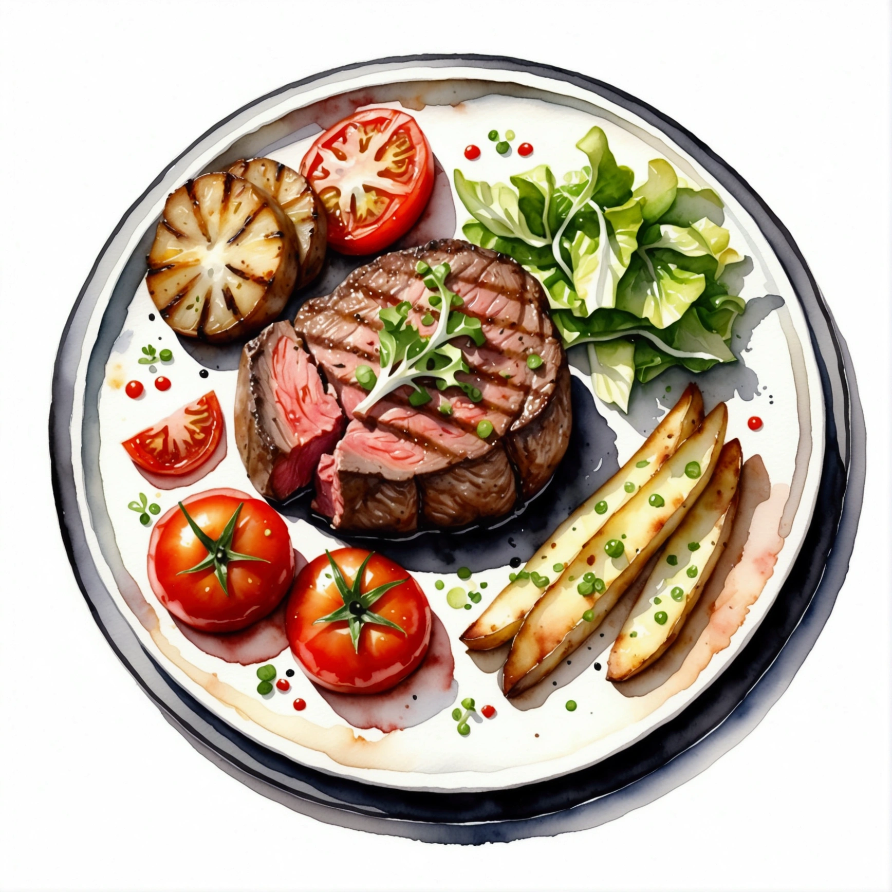 there is a delicious tenderloin steak and baked potatoes served on a hot black plate with slices of baked tomatoes and some green lettuce vegetables, illustration, isolated with solid white background, surrounded with negative space, centered compositon, 8k, highest detailed painting, very precise painting, Isolated, clear brilliant white background, perspective angle of view, cartoon style, ((watercolor)),