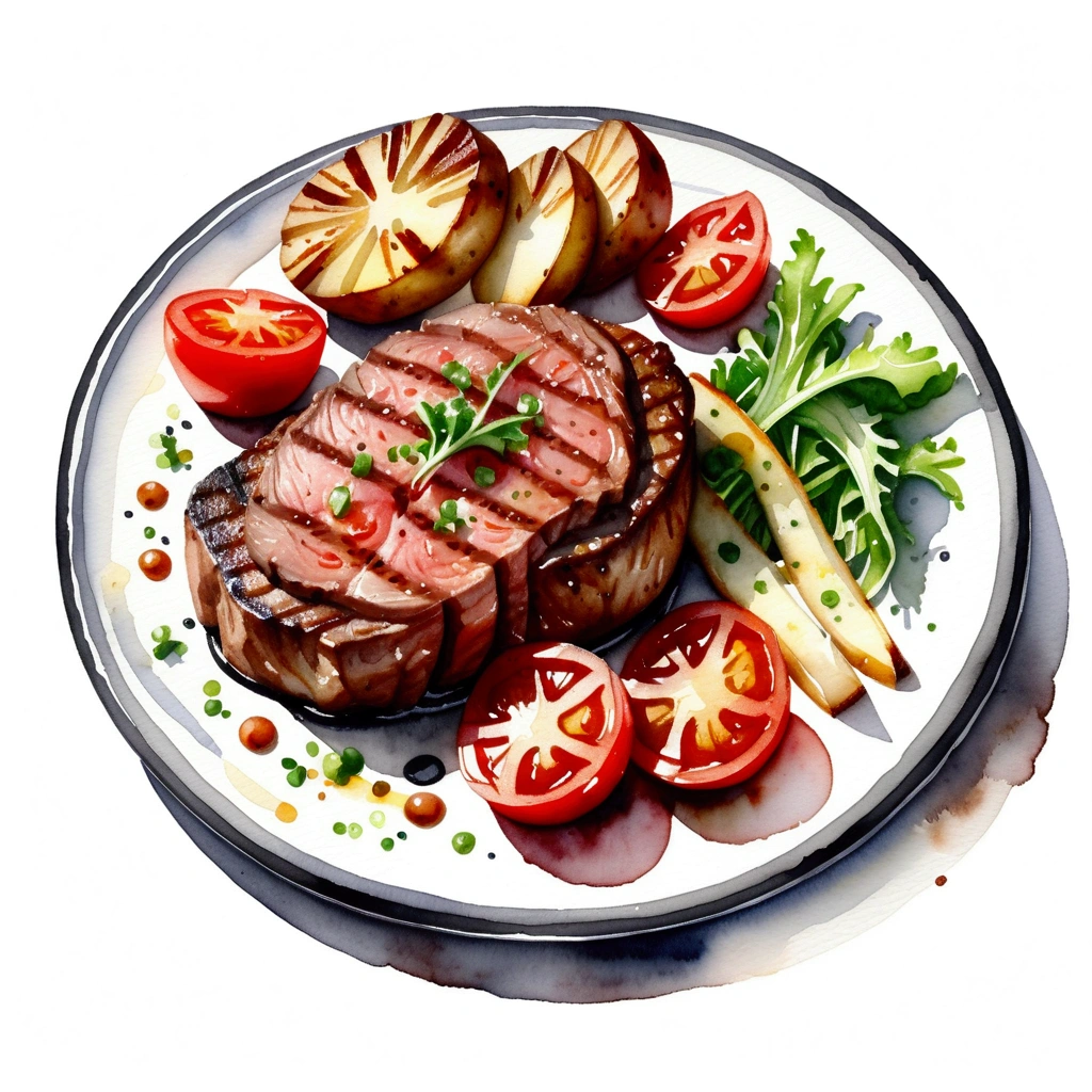 Es gibt ein köstliches Filetsteak und Ofenkartoffeln, serviert auf einem heißen schwarzen Teller mit Scheiben von gebackenen Tomaten und etwas grünem Salatgemüse, Illustration, isoliert mit solidem weißem Hintergrund, umgeben von negativem Raum, zentrierte Komposition, 8k, höchste detailreiche Malerei, sehr präzise Malerei, isoliert, klarer, strahlend weißer Hintergrund, perspektivischer Blickwinkel, Cartoon-Stil, ((Aquarell)),