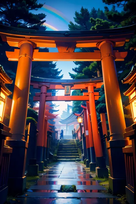 torii,null，High resolution, High resolution, 8K, Masterpiece 2:1,（ Shrines in Kyoto、rainbow）