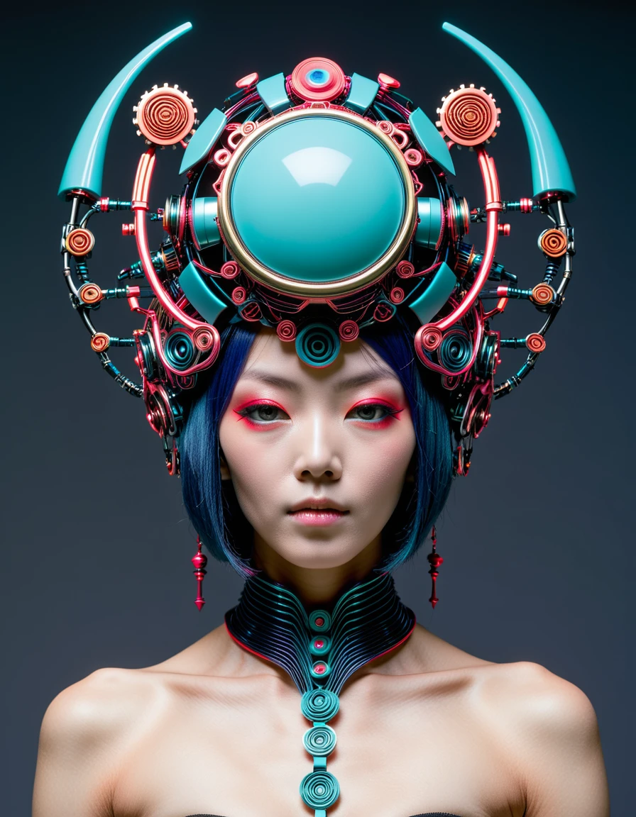 a picture of a person with a weird head piece, hiroyuki takahashi color scheme, cgsociety - w 1 0 2 4 - n 8 - i, hiroyuki-mitsume takahashi, weta studio and james jean, by Android Jones, moebius + loish + wlop, beautiful robot character design, fractalpunk, psychedelic organic cyborg