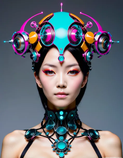 a picture of a person with a weird head piece, hiroyuki takahashi color scheme, cgsociety - w 1 0 2 4 - n 8 - i, hiroyuki-mitsum...