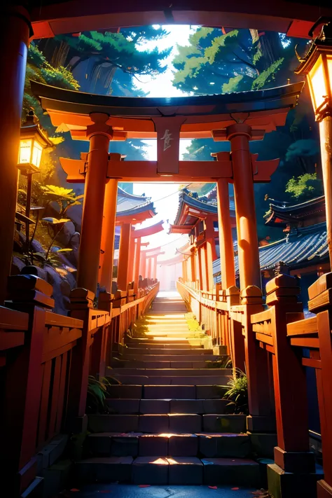 torii,Dragon Scales，Dazzling Light，High resolution, High resolution, 8K, Masterpiece 2:1,（ Shrines in Kyoto）Light