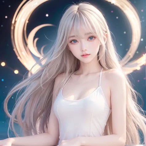 silver shiny hair, super long straight silky hair, dazzling blonde super long silky hair, cute little beautiful face 19 years ol...