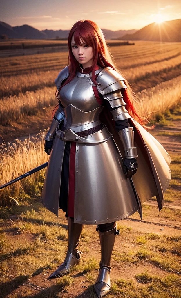 female knight, medieval fantasy art, steel armor, long wavy red hair, holding a longsword, standing on a grass field, sunset in background