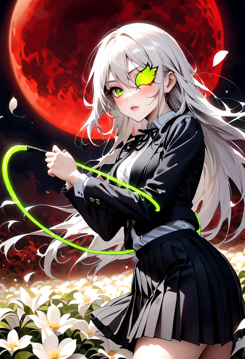 japanese anime，1 girl swinging a whip，silver long hair，white flowers on eyes，fire  butterflys，anime style，body movements，sense o...