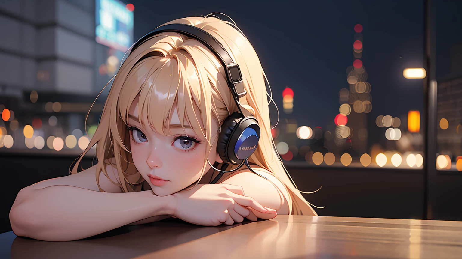 masterpiece、high resolution 8k、NSFW、sharp focus、contrast lighting、fine skin、muste piece、 highest quality、Ultra - High resolution、Super high resolution、Highly detailed CG,  realisticlying, 1 girl, Beautiful, wearing headphones, enjoying hot coffee solo, Late Night Cafe, looking to viewer, city, starry sky, cloud, night.