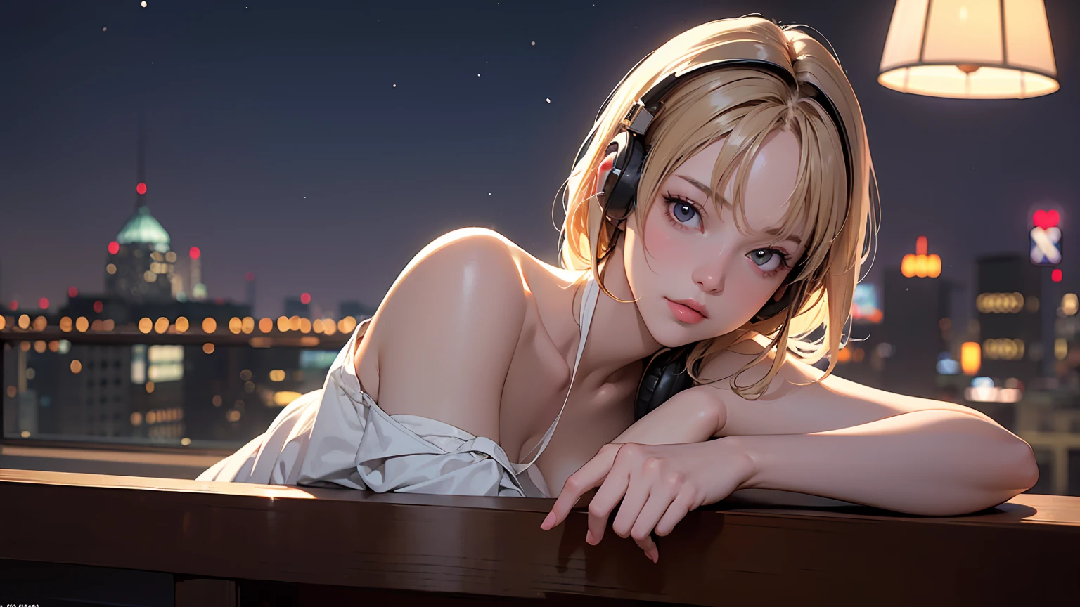 masterpiece、high resolution 8k、NSFW、sharp focus、contrast lighting、fine skin、muste piece、 highest quality、Ultra - High resolution、Super high resolution、Highly detailed CG,  realisticlying, 1 girl, Beautiful, wearing headphones, enjoying hot coffee solo, Late Night Cafe, looking to viewer, city, starry sky, cloud, night.