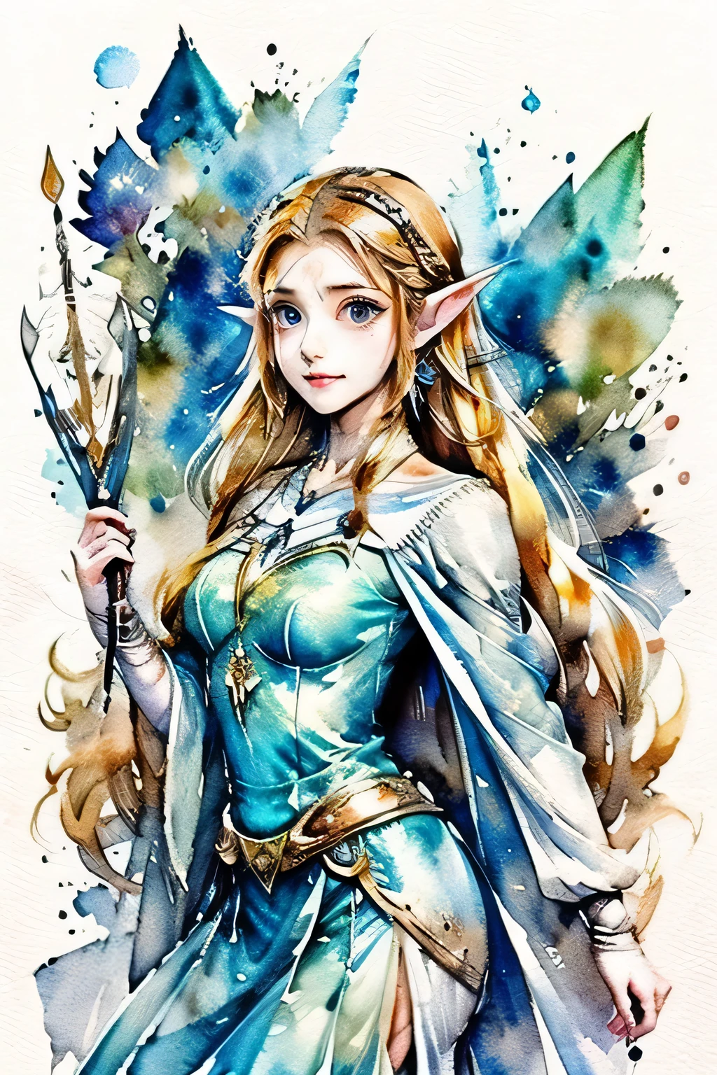 zelda style art, elf princess knight, Intense watercolor painting, detailed watercolor art, watercolor splash, surreal, beautiful and expressive painting, beautiful artwork illustration, vibrant colors sharp illustration, a drawing of a woman with long hair holding a sword, botw style, zelda botw, elf princess, elf girl, alluring elf princess knight, by Ryan Yee, from legend of zelda, anime fantasy illustration, highly detailed exquisite fanart, beautiful celestial mage, princess zelda, from bravely default ii, 