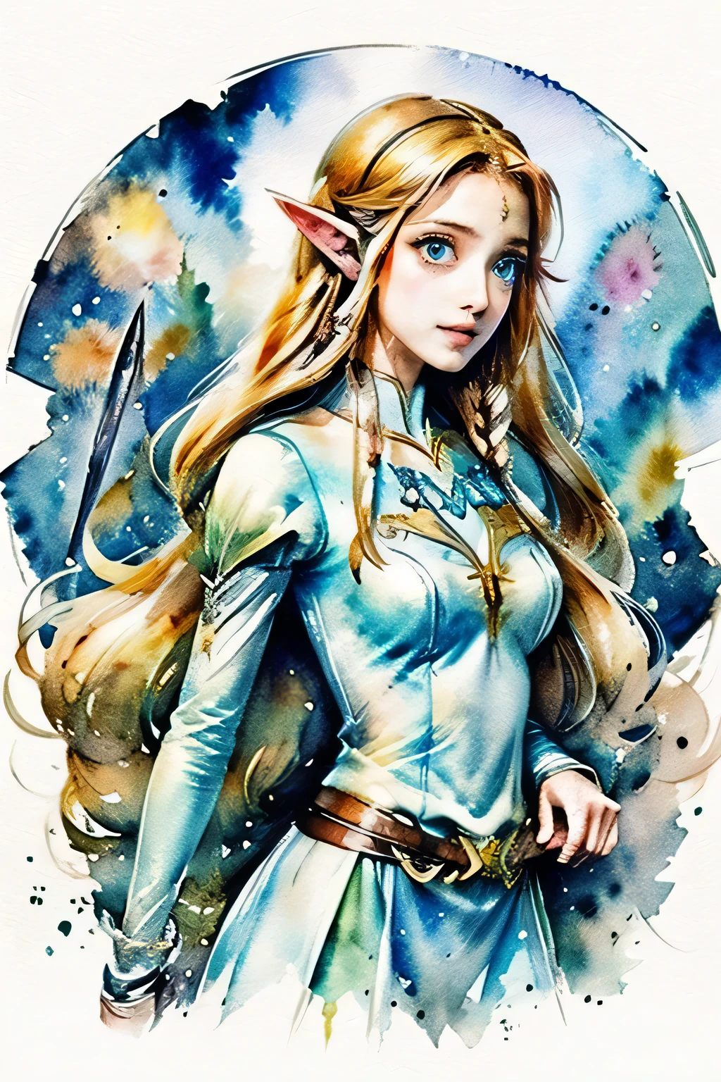 art de style zelda, princesse elfe knight, Aquarelle intense, Aquarelle détaillée, Éclaboussure d&#39;aquarelle, surréaliste, Peinture belle et expressive, Belle illustration d’œuvre d’art, couleurs vives illustration nette, un dessin d&#39;une femme aux cheveux longs tenant une épée, style botw, Zelda Botw, princesse elfe, Fille elfe, alluring princesse elfe knight, par Ryan Yee, de la légende de Zelda, Illustration fantastique d&#39;anime, fanart exquis très détaillé, beau mage céleste, princesse zelda, de courageusement par défaut ii, 