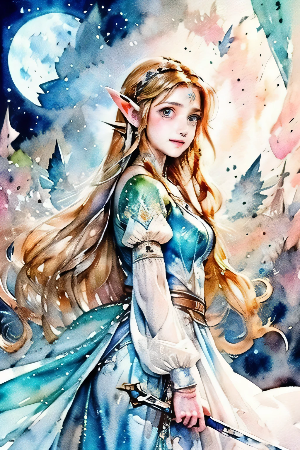 zelda style art, elf princess knight, Intense watercolor painting, detailed watercolor art, watercolor splash, surreal, beautiful and expressive painting, beautiful artwork illustration, vibrant colors sharp illustration, a drawing of a woman with long hair holding a sword, botw style, zelda botw, elf princess, elf girl, alluring elf princess knight, by Ryan Yee, from legend of zelda, anime fantasy illustration, highly detailed exquisite fanart, beautiful celestial mage, princess zelda, from bravely default ii, 