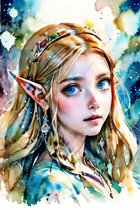 zelda style art, elf princess knight, Intense watercolor painting, detailed watercolor art, watercolor splash, surreal, beautifu...