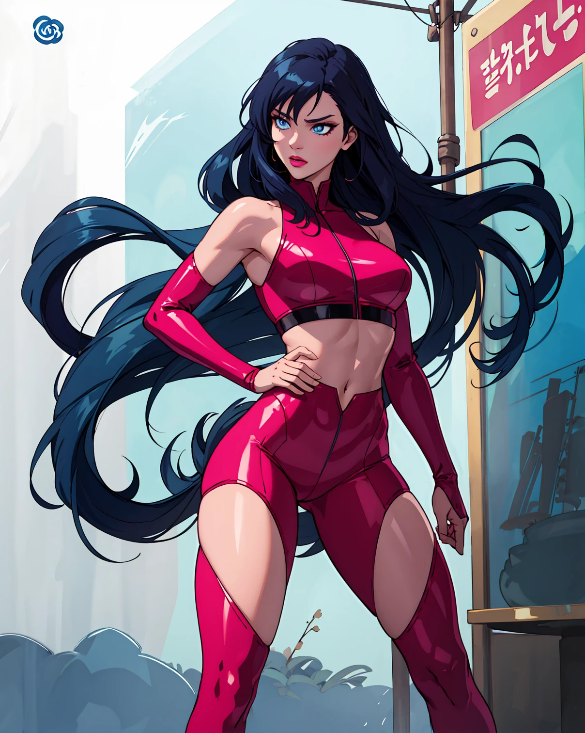 Front View. See her abdomen,Indigenous anime girl perfect body and got very bright skin and blue long hair with blue eyes, glossy lips, from japan, the image should be full-body, with her attire being the traditional meg suit in tight super bright pink color. The image should be from head to waist knees. ,she stand beside the ritual place. wearing two piece neon pink meg suit, with Japanese tattoos. Draw in style by Makoto Shinkai and Ilya Kushinov, trending on Displate. com, iridescent Poster,Side View. Indigenous anime girl perfect body and got very bright skin and blue long hair with blue eyes, glossy lips, from japan, the image should be full-body, with her attire being the traditional meg suit in tight super bright pink color. The image should be from head to waist knees. ,she stand beside the ritual place. wearing two piece neon pink meg suit, with Japanese tattoos. Draw in style by Makoto Shinkai and Ilya Kushinov, trending on Displate. com, iridescent Poster