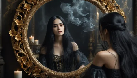 1girl, looking at the mirror, sitting, the death reflection, golden circle frame floral carved mirror, long black hair, mystical...