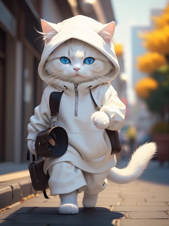 Fluffy white cat, Adventurer,Very detailed cat and fur, Wearing a white hoodie, Wandering , two animal,Highly detailed images, Kodak 400, Atmospheric light, 50mm lens, (Cat Eyes and Feature Details) Realistic Cat, blue eyes,8K,cute,Chubby,No pattern on body、Whole white,Two cats fightin,