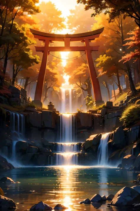 sun，dazzling light，light，shine，torii，waterfall，streaks of light，high resolution, high resolution, 8k, masterpiece 2:1,