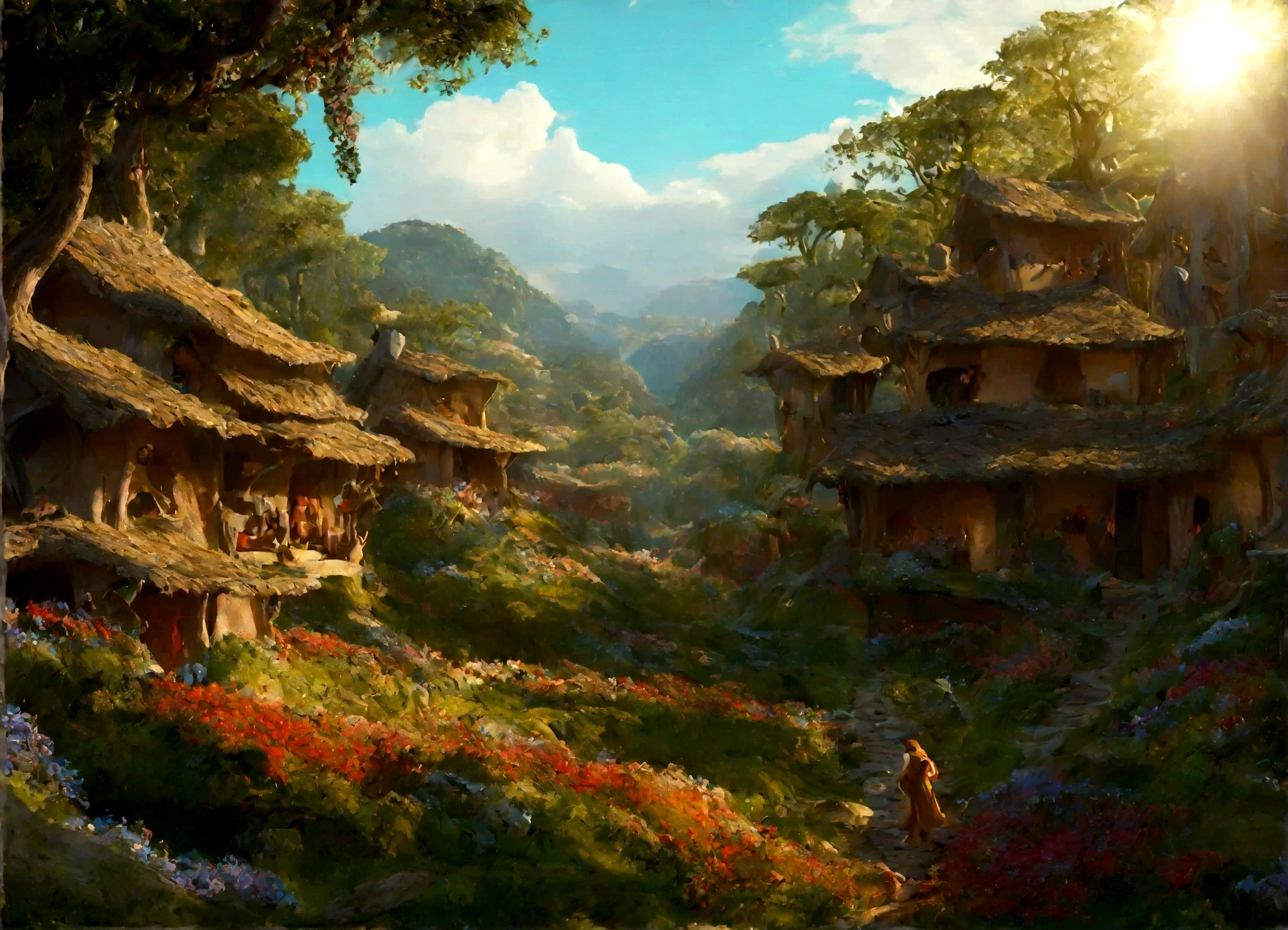 A breathtaking, high-contrast cinematic 8K 3D Disney-style rendering, a panoramic aerial view of a fairy-tale village nestled in a lush forest with (((dozen of dens))). The dens are build in the middle of ancient trees giving then fresh air and shadow. Around the dens, vegetable gardens and gardens full of multicolored flowers and paths lined with grass and multicolored flowers