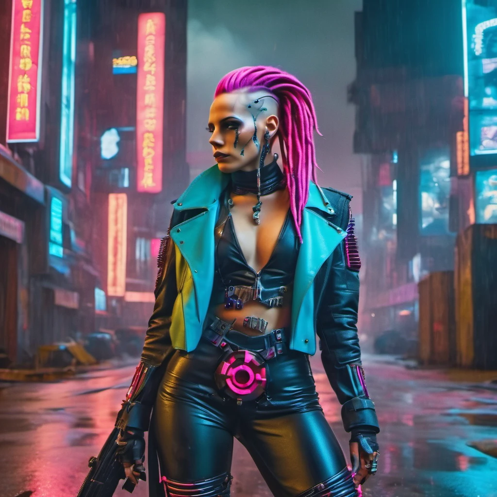 Beautiful girl in cyberpunk style, neon blue and pink hair with dreadlocks in a blue leather outfit. A girl up to her shoulders, a background full of signs and motorcycles falling on the city..Отбрасывание резких теней, неоновые огни создают яркий контраст с тускло освещенным окружением. эпический, киноtic and dramatic atmosphere, further accentuated by stunning matte Рисование.3D цифровая графика, фотореалистичный, ультрареалистичный, 32 тыс., 18К, HD, HDR, UHDR мода, яркий, Темная Фэнтези, Рисование, Иллюстрация, кино