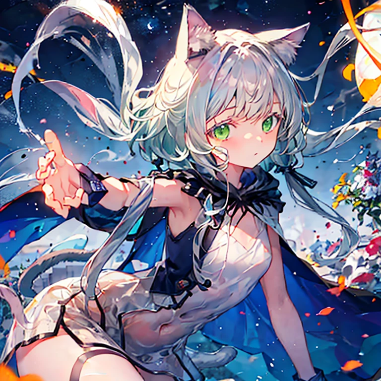 loli，cute，white hair，Green eyes，short hair，Cat-eared lady