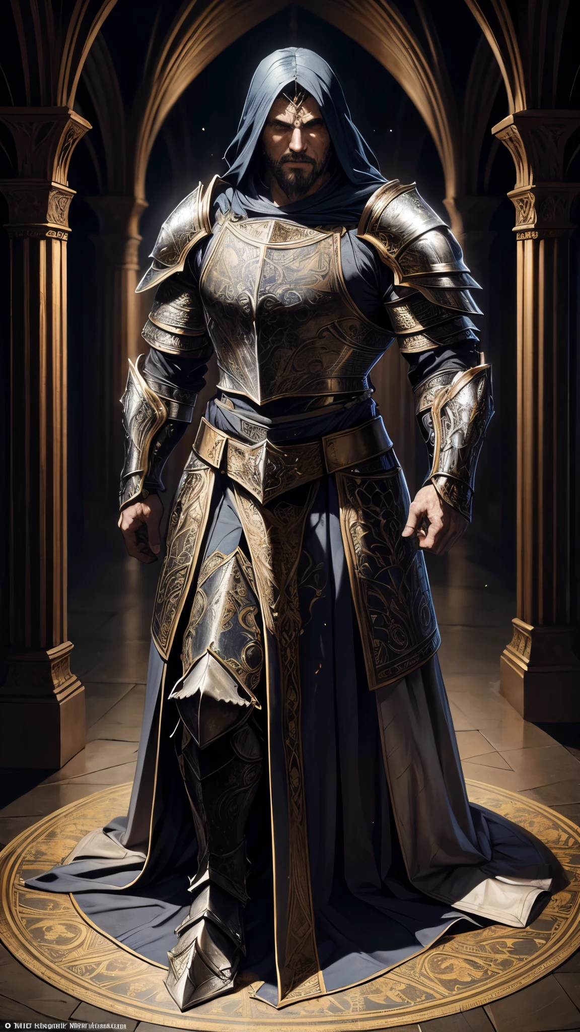 medieval epic fantasy armor, thick sturdy metal plates, gothic details, intricate engravings, magical glowing effects, unique textures, battle-worn, luxurious fabrics, decorative accessories