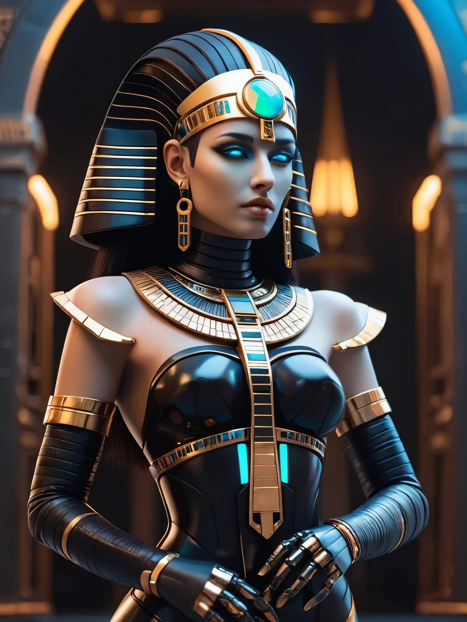 ral-opal, meahophontron, whole body, Woman robot face, futuristic cyberpunk, bust, cleopatra of egypt theme, Egypt background, demonic environment, black clothes, pose frontal