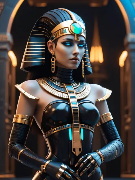 ral-opal, meahophontron, whole body, Woman robot face, futuristic cyberpunk, bust, cleopatra of egypt theme, Egypt background, d...