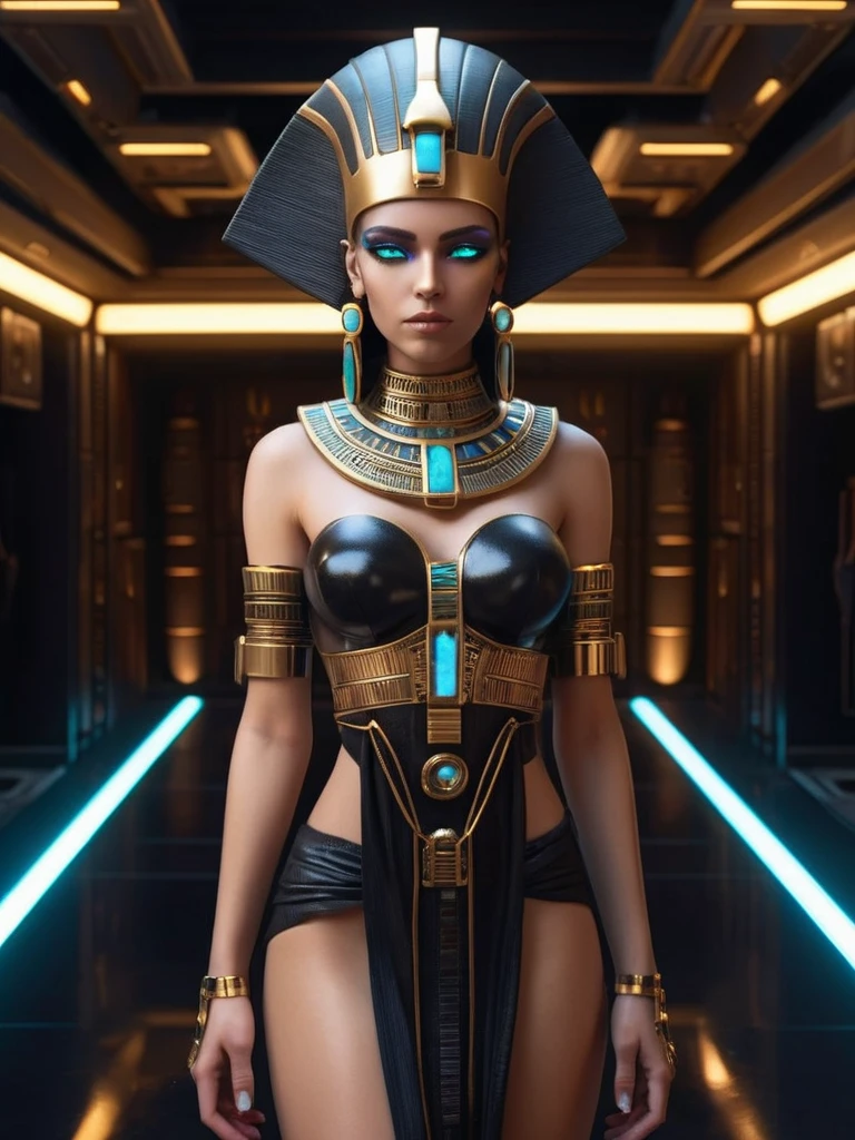 ral-opal, meahophontron, whole body, Woman robot face, futuristic cyberpunk, bust, cleopatra of egypt theme, Egypt background, demonic environment, black clothes, pose frontal