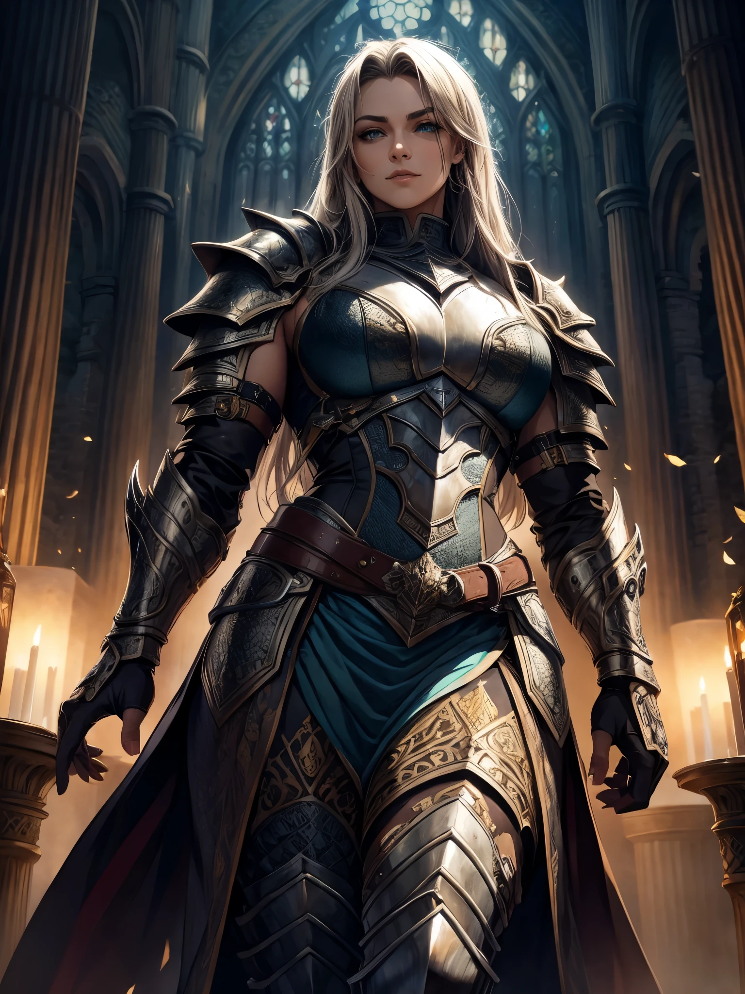 medieval epic fantasy armor, thick sturdy metal plates, gothic details, intricate engravings, magical glowing effects, unique textures, battle-worn, luxurious fabrics, decorative accessories