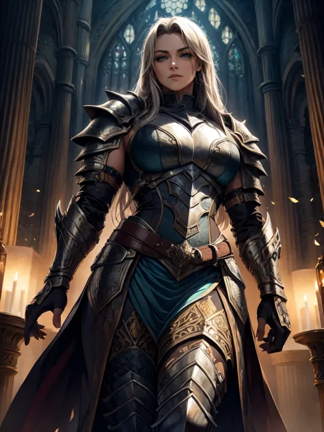 medieval epic fantasy armor, thick sturdy metal plates, gothic details, intricate engravings, magical glowing effects, unique te...